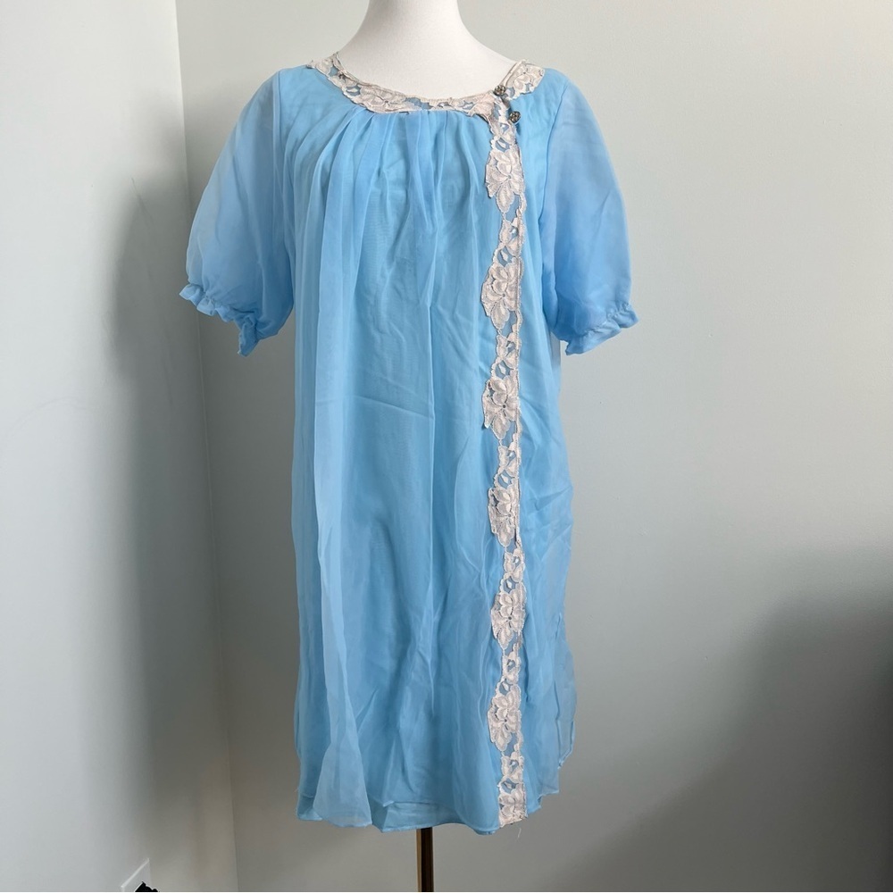 Vintage Blue Chiffon Nightgown / Sheer Lace Trim Dress – Fairycore romantic L/XL - Picture 3 of 5